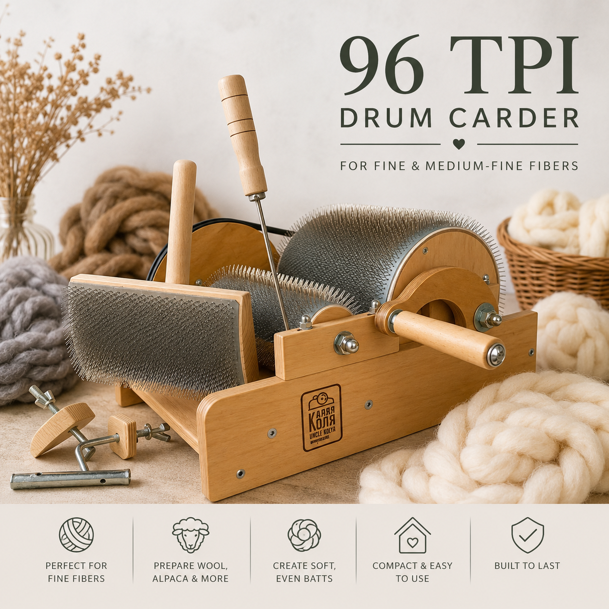 96 TPI Mini Drum Carder for Wool Fine Fibers