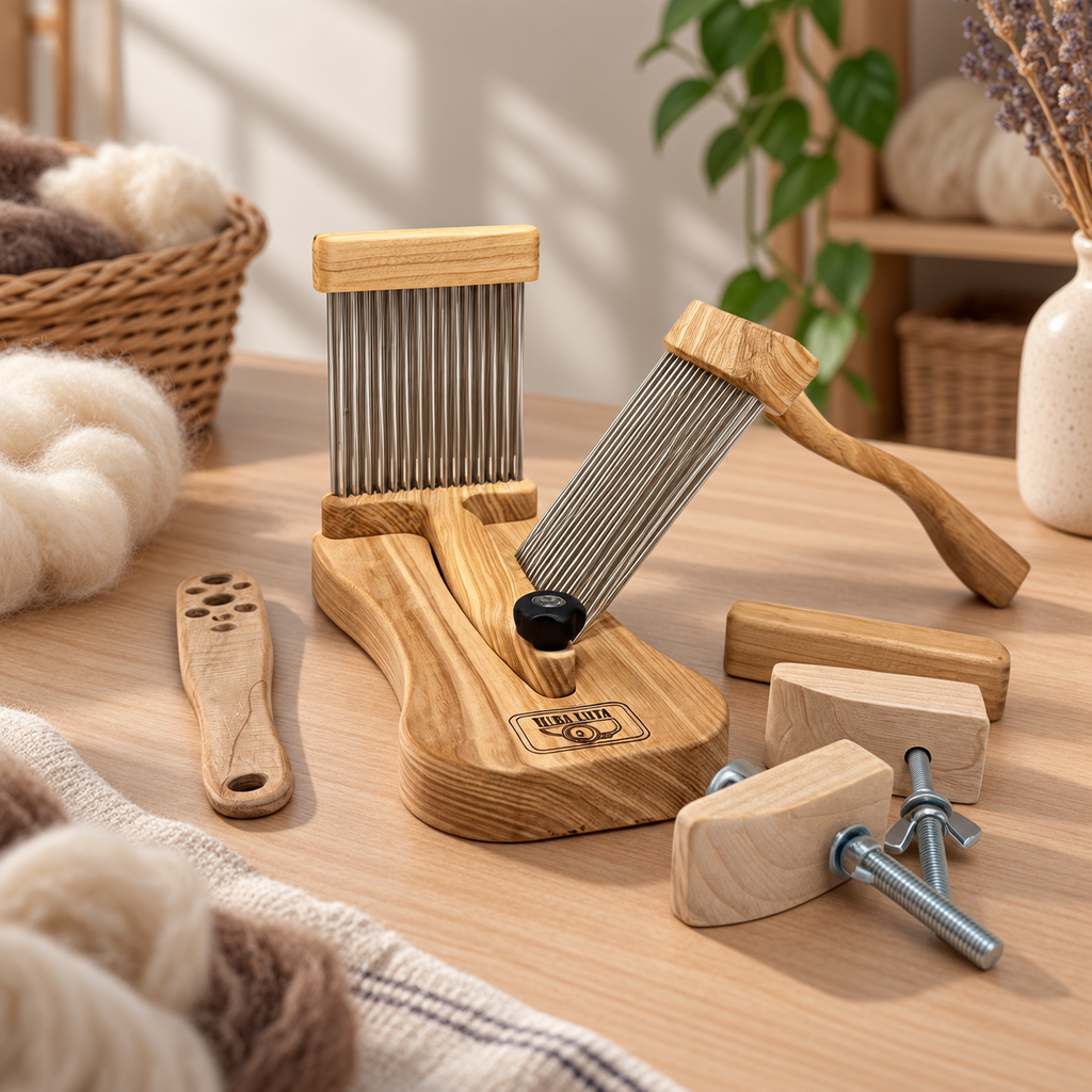 Wool Combs Set — 2 Hand Combs, 8-Hole Diz & Stand, Ash Wood & Stainless Steel Teeth
