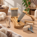 Wool Combs Set — 2 Hand Combs, 8-Hole Diz & Stand, Ash Wood & Stainless Steel Teeth