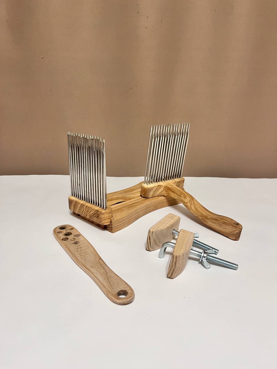 Wool Combs Set — 2 Hand Combs, 8-Hole Diz & Stand, Ash Wood & Stainless Steel Teeth