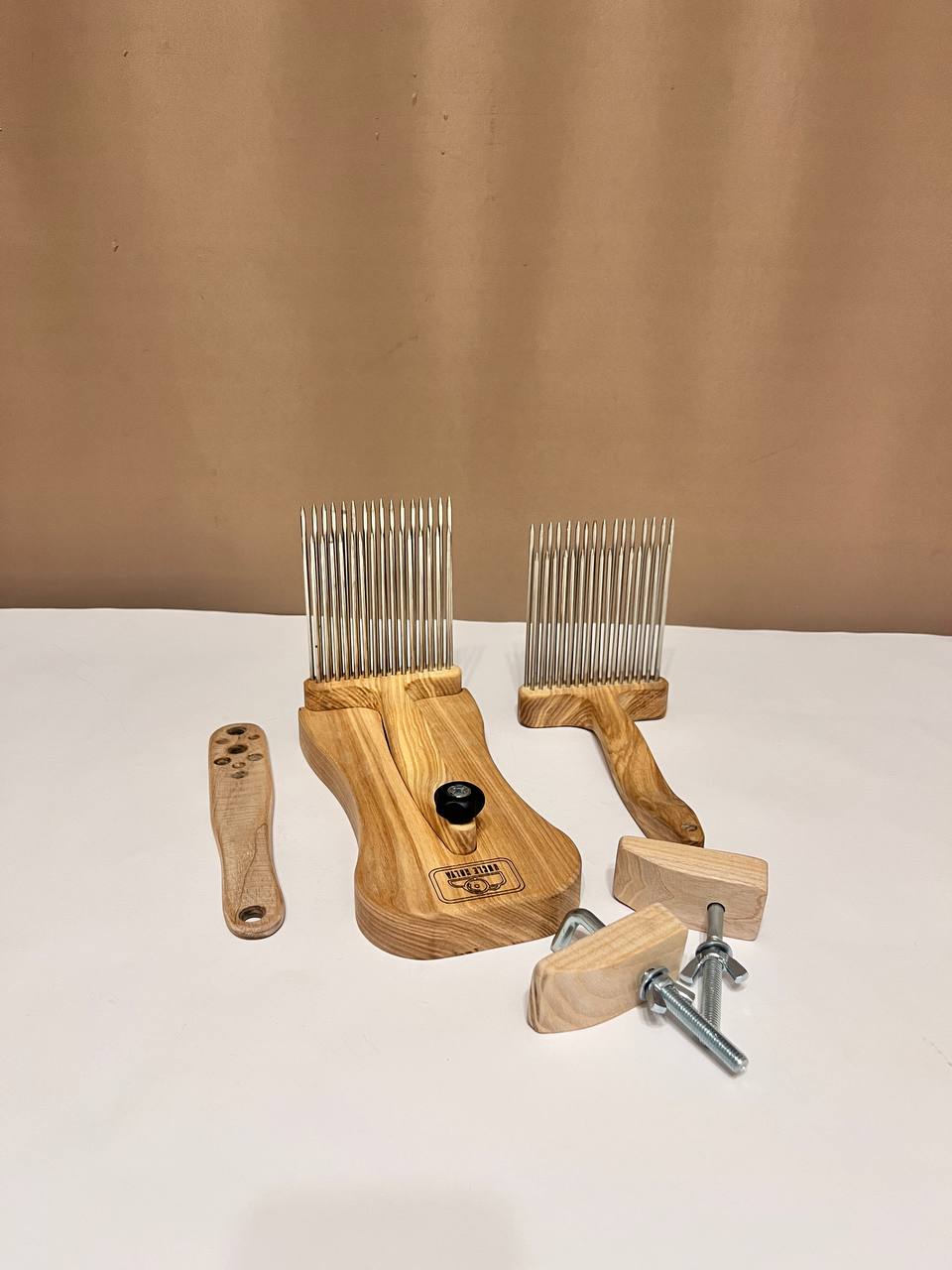 Wool Combs Set — 2 Hand Combs, 8-Hole Diz & Stand, Ash Wood & Stainless Steel Teeth