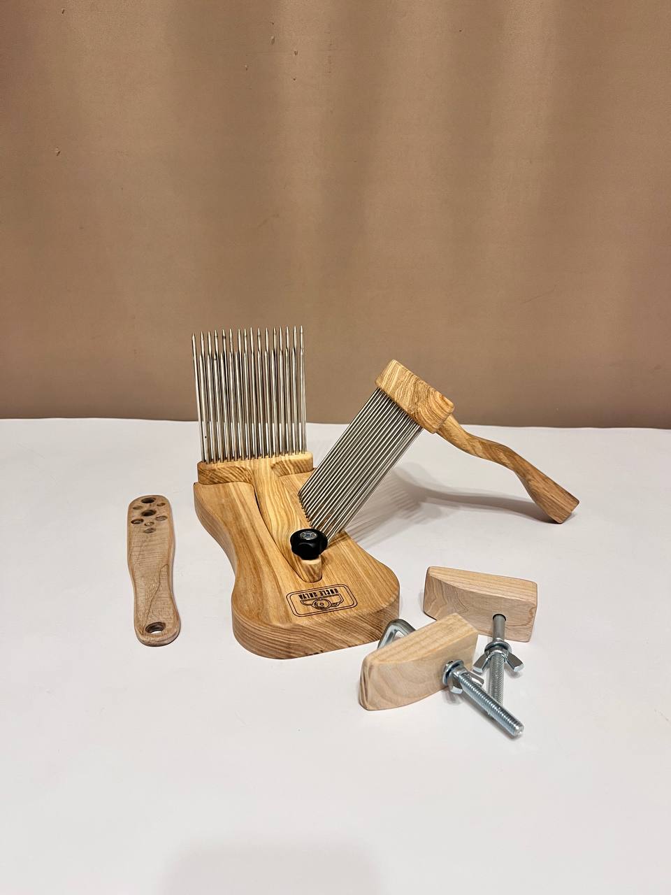 Wool Combs Set — 2 Hand Combs, 8-Hole Diz & Stand, Ash Wood & Stainless Steel Teeth