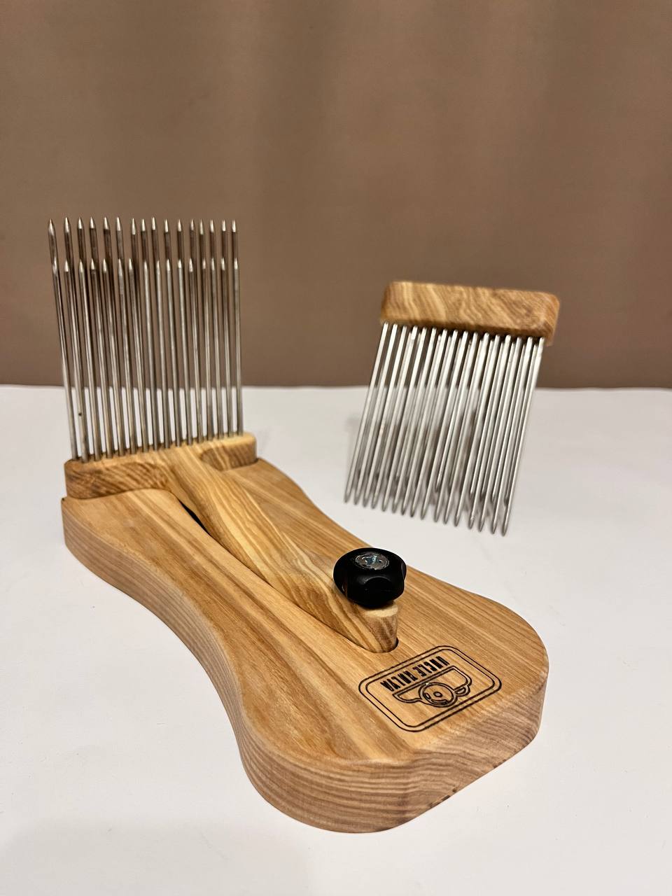 Wool Combs Set — 2 Hand Combs, 8-Hole Diz & Stand, Ash Wood & Stainless Steel Teeth