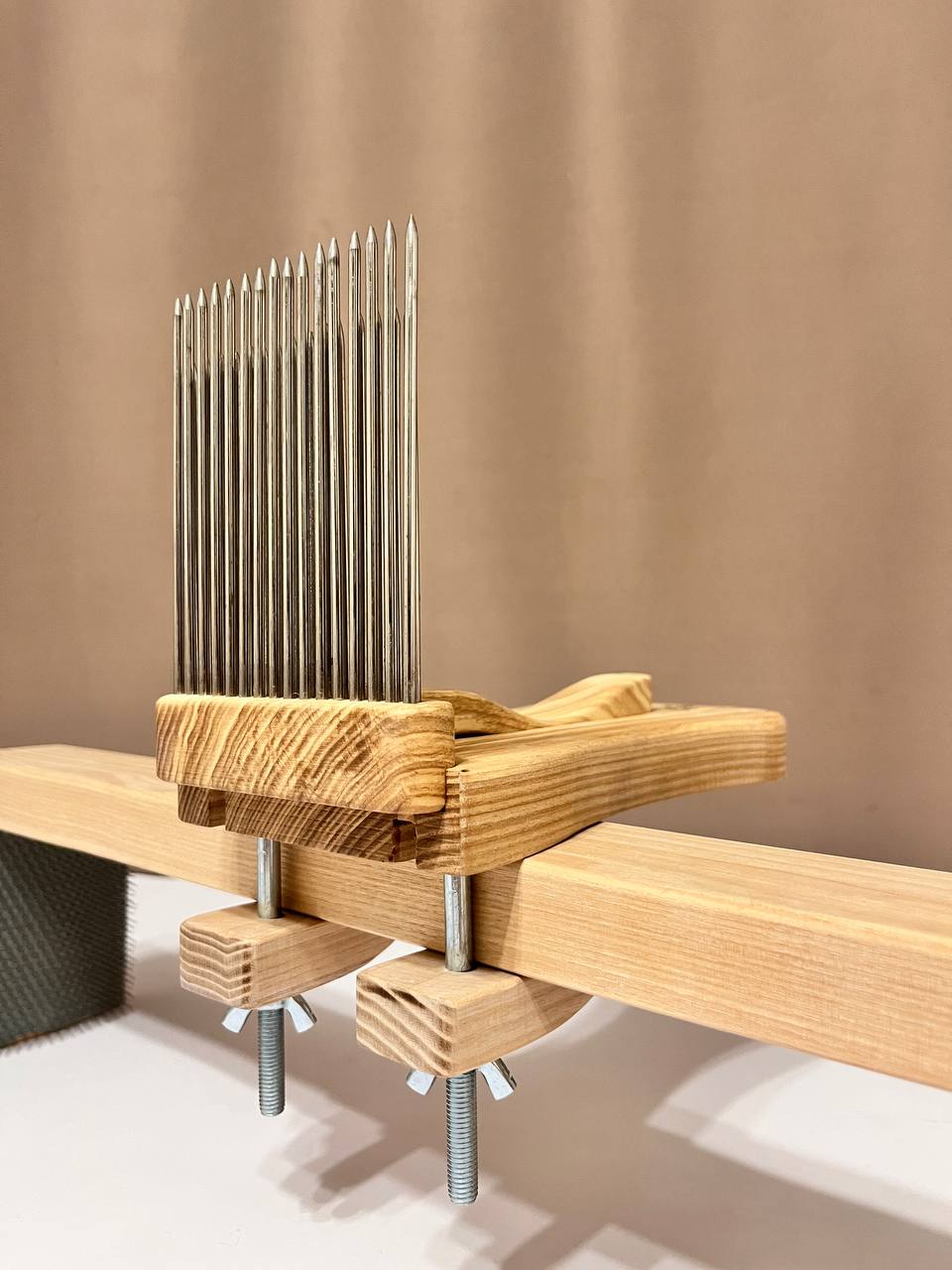 Wool Combs Set — 2 Hand Combs, 8-Hole Diz & Stand, Ash Wood & Stainless Steel Teeth